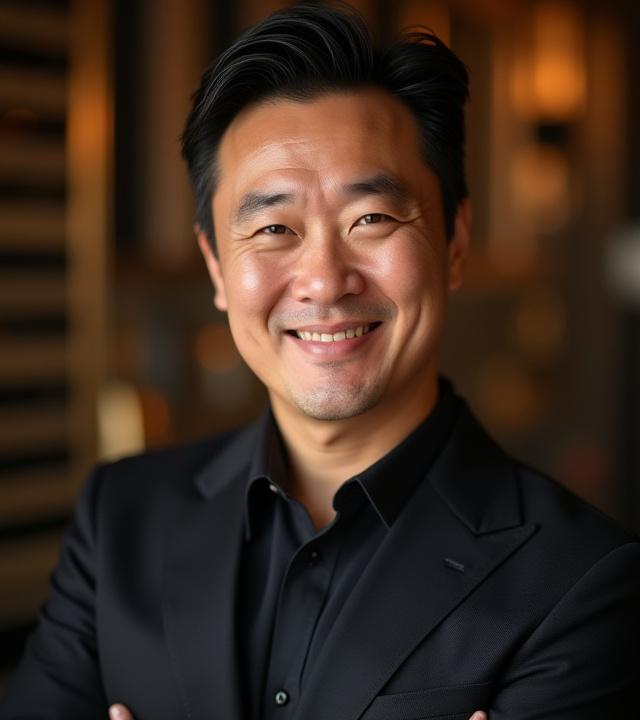 Chef Julian Tan, founder of Cadence Catering, smiling with a background of subtle musical and culinary elements