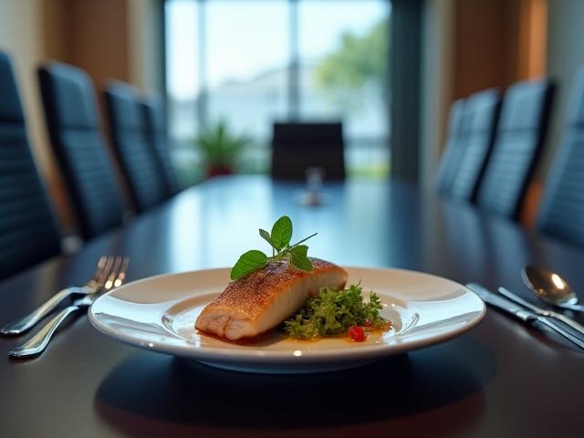 Sophisticated plated meal served during a corporate boardroom meeting in Singapore