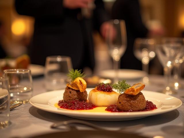 Elegant corporate gala with exquisitely plated dishes and professional staff