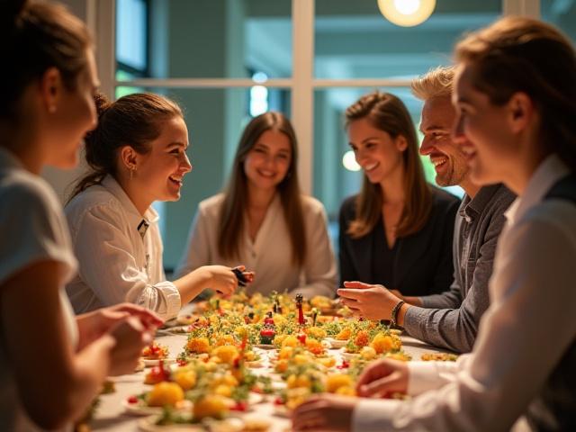 Team of colleagues enjoying a themed catering spread at a team building event