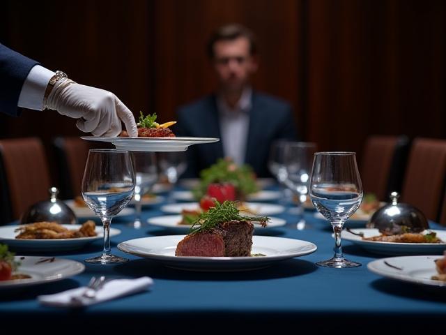 Discreet VIP dining setup for a board meeting with elegant meal presentation