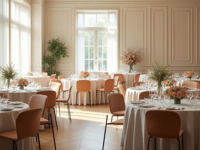 Elegantly arranged tables, chairs, and linens for a formal event setting