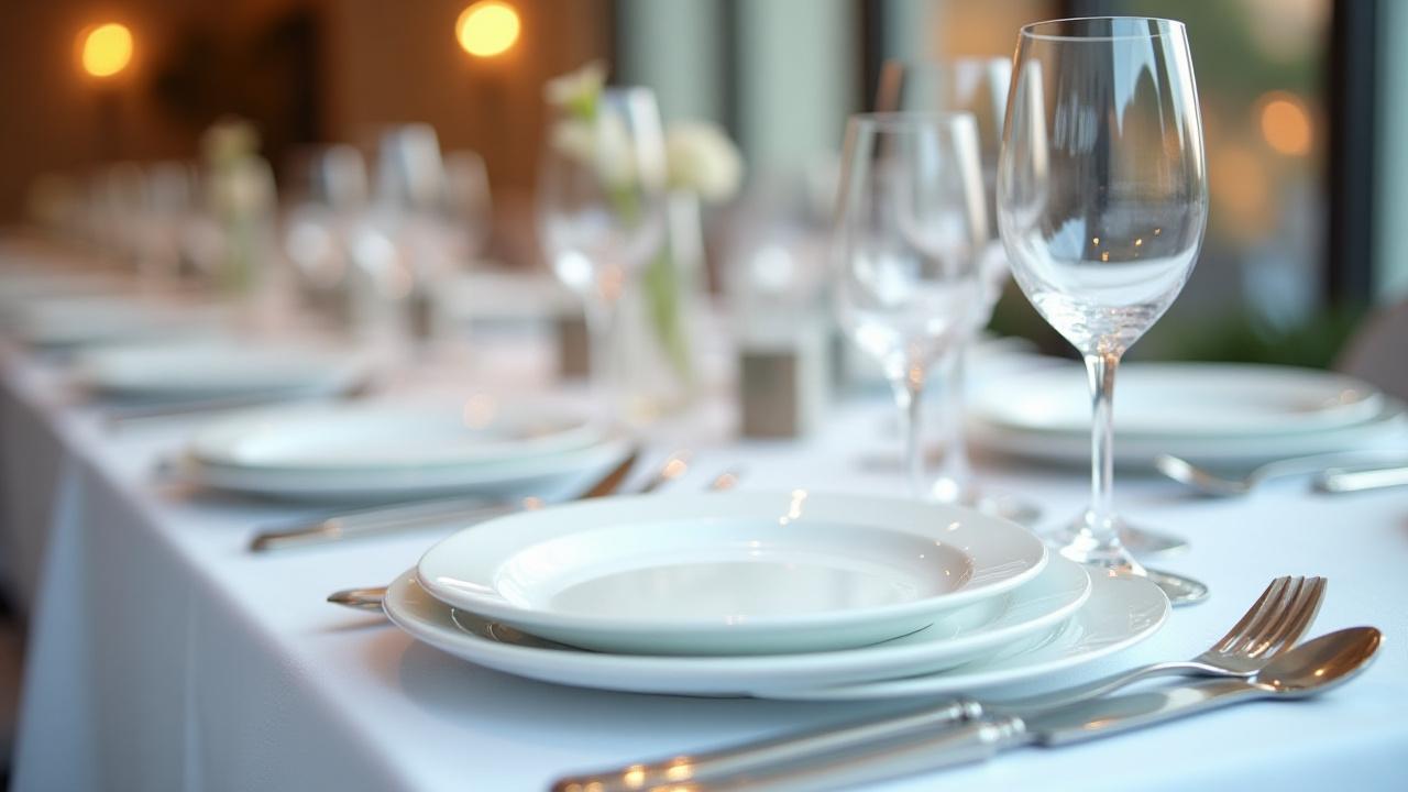 Clean, well-organized 'backstage' area of an event showing neatly arranged plates and equipment before a catering event