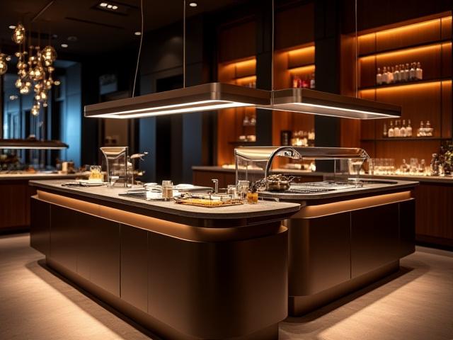 Modern, sleek live cooking station and bar setup ready for an interactive culinary experience
