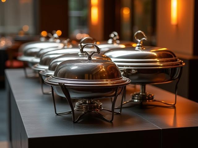 Stylish chafing dishes and buffet risers on a display table