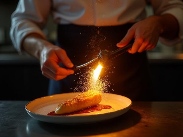 Chef dramatically using a blowtorch on a dish as part of a live culinary performance
