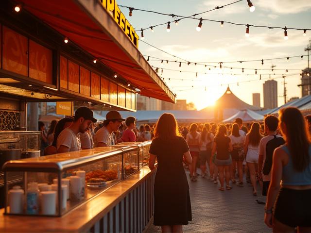 Panoramic shot of a vibrant VibeFest Asia food stall with long lines and smiling attendees