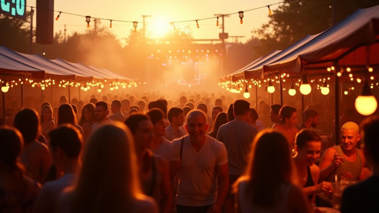 Bustling music festival food court at sunset, with diverse crowd enjoying food and music