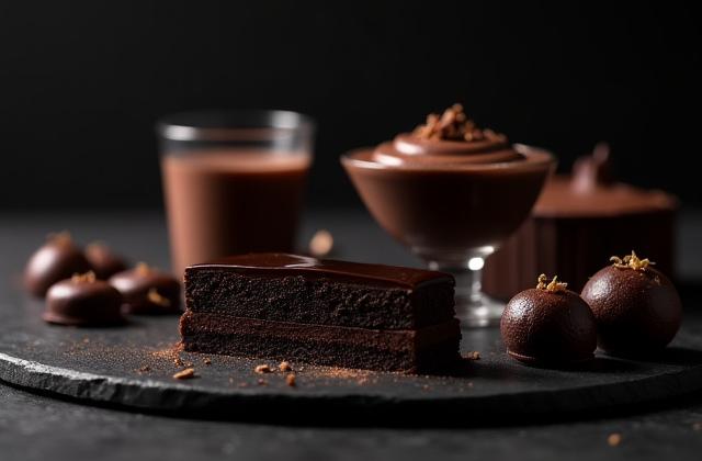 Rich, dark chocolate tortes, truffles, and mousse presented elegantly on a minimalist display.