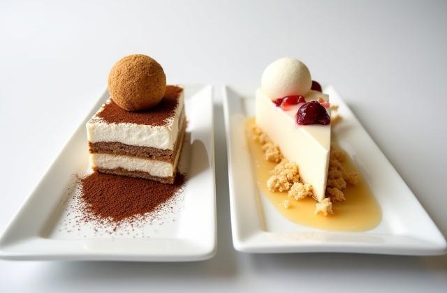 Modern deconstructed tiramisu and cheesecake plated with artistic flair, showcasing individual ingredients.