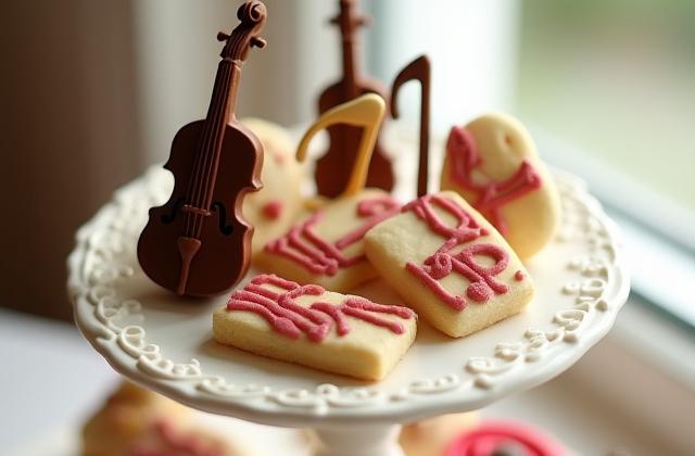 Intricately crafted chocolate musical instruments and cookies shaped like musical notes, arranged on a dessert display.