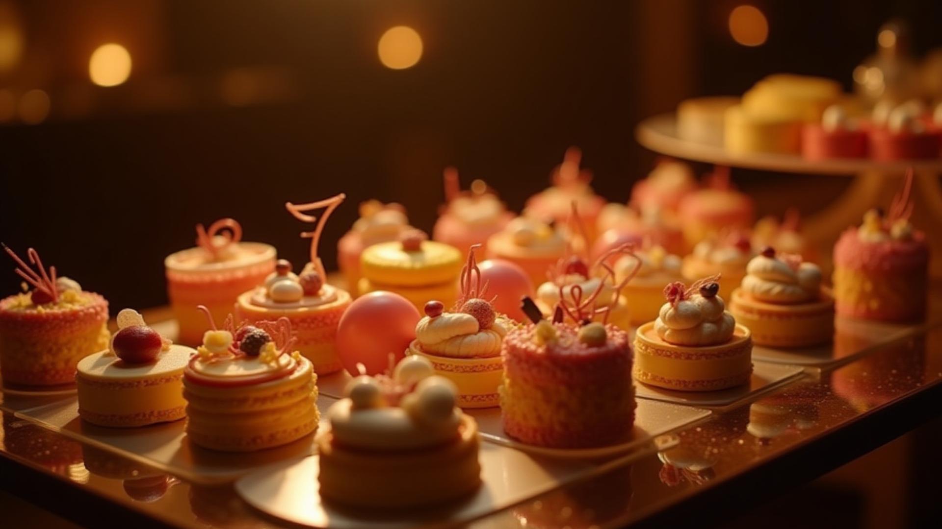 A lavishly decorated dessert table with musical note patterns, exotic fruits, and finely crafted miniature cakes bathed in soft, elegant lighting at a high-end event.