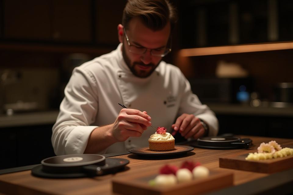 Pastry chef meticulously garnishing a gourmet dessert with edible flowers at an elegant, interactive dessert station.