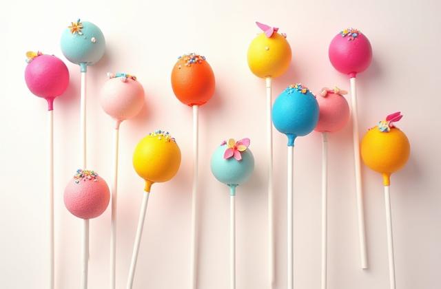 Vibrantly colored cake pops and macarons arranged artistically, resembling a pop art composition.