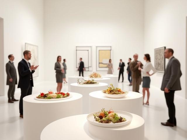 Modern art installation in a gallery setting, with artistic food dishes displayed on pedestals as part of a dining experience.