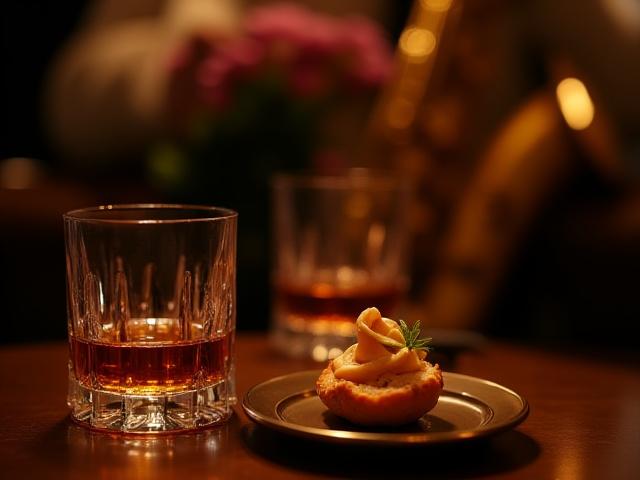Guests enjoying whisky cocktails and small plates in a sophisticated jazz lounge setting, with subtle warm lighting.