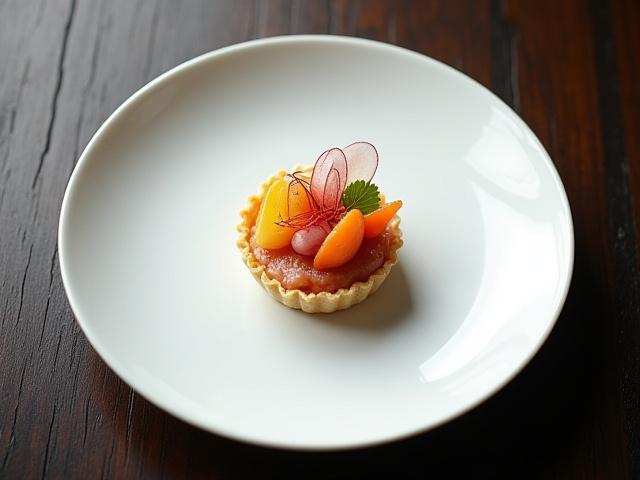 A finely plated appetizer combining Asian and European culinary styles, set against a backdrop of ambient restaurant lighting.