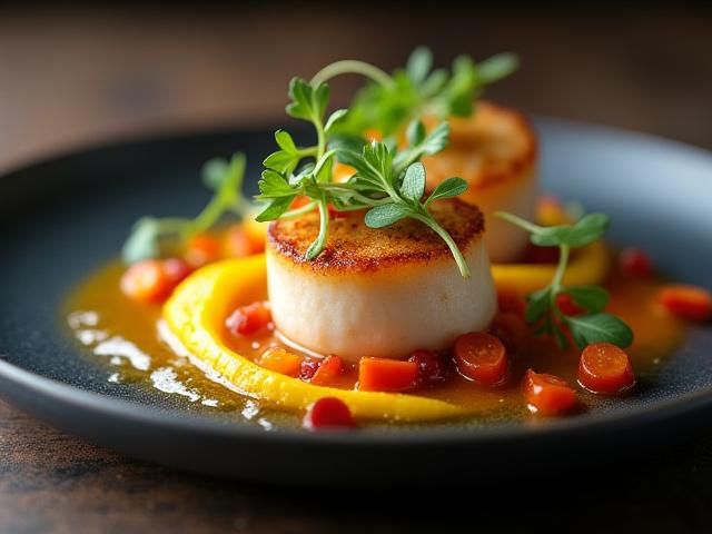 A meticulously plated gourmet dish, garnished with fresh herbs, on a dark ceramic plate.