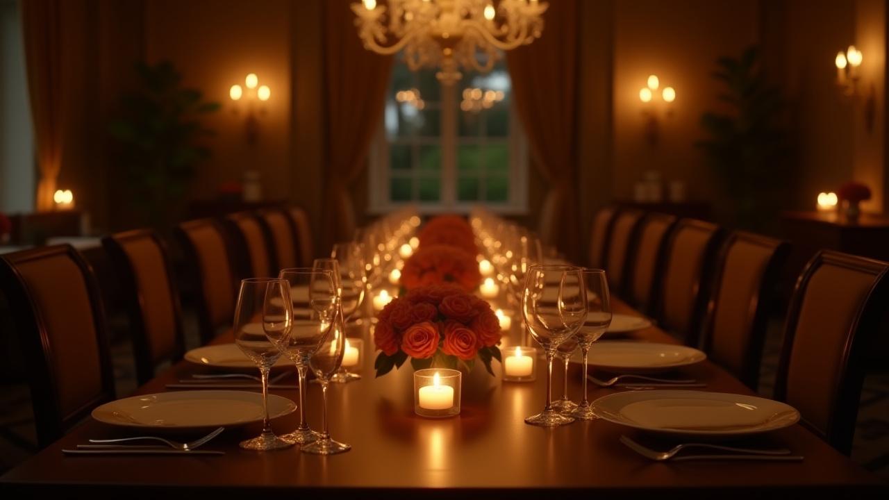 An elegantly set dining table in a luxurious home, ready for a private celebration.