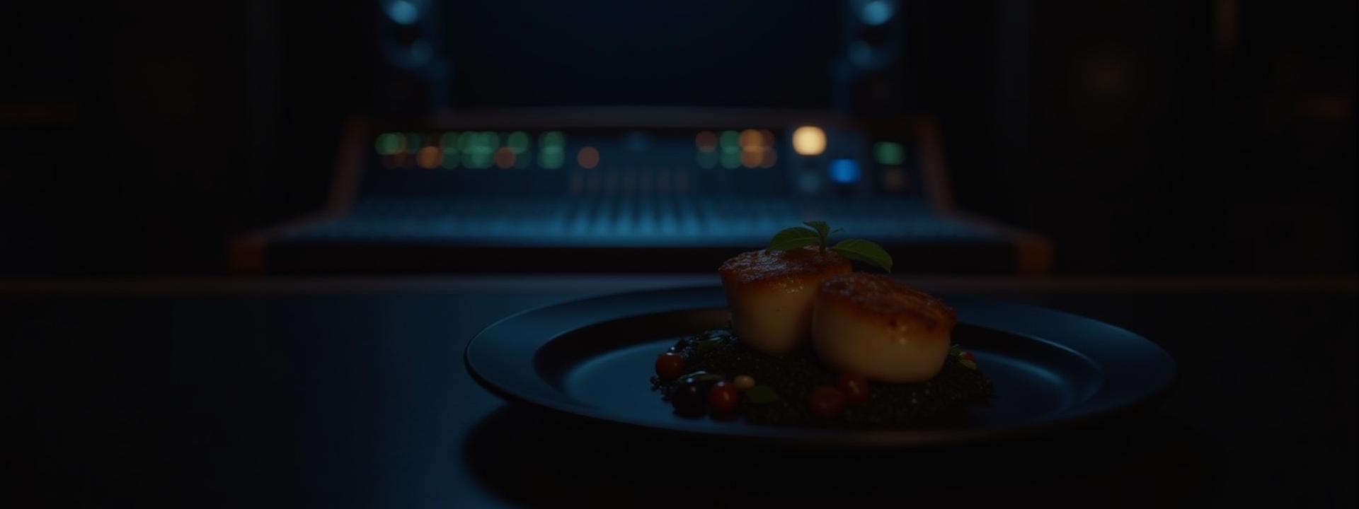 Stylish, gourmet meal subtly placed in a sleek recording studio control room with mixing desk lights glowing.