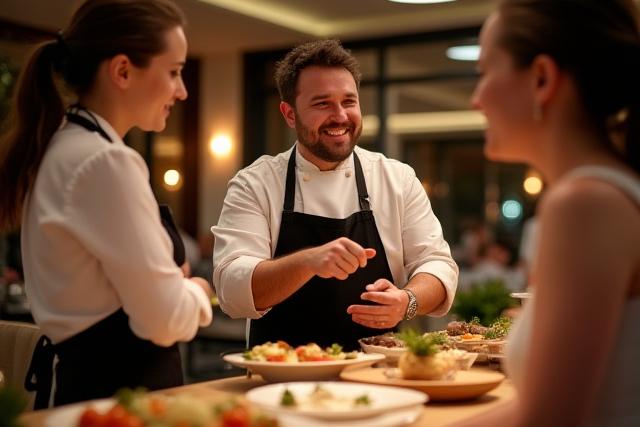 Cadence Catering chef engaging with delighted guests at a beautifully lit food station