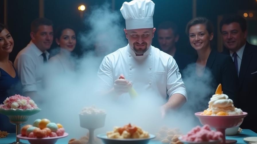 Chef using liquid nitrogen to create instant ice cream, surrounded by dramatic smoke effect