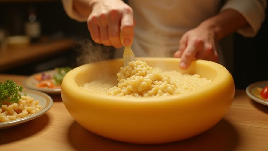 Chef stirring creamy risotto in large Parmesan cheese wheel, creating The Risotto Rhythm Section