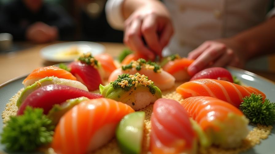 Expert sushi chef preparing vibrant sushi rolls at The Sushi Samba station