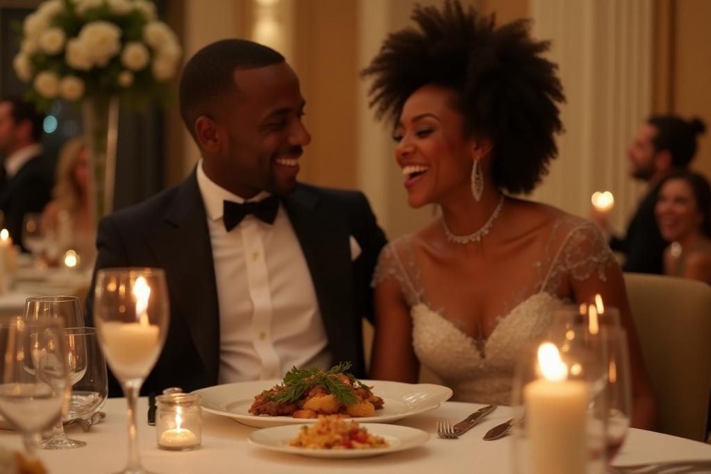 Happy couple enjoying their wedding reception with beautiful food and decor