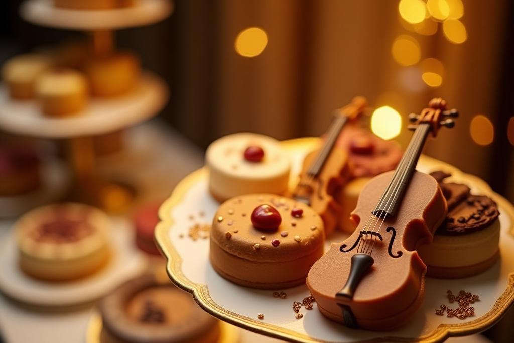 Elaborate musical-themed dessert bar at a wedding with miniature instruments and elegant pastries