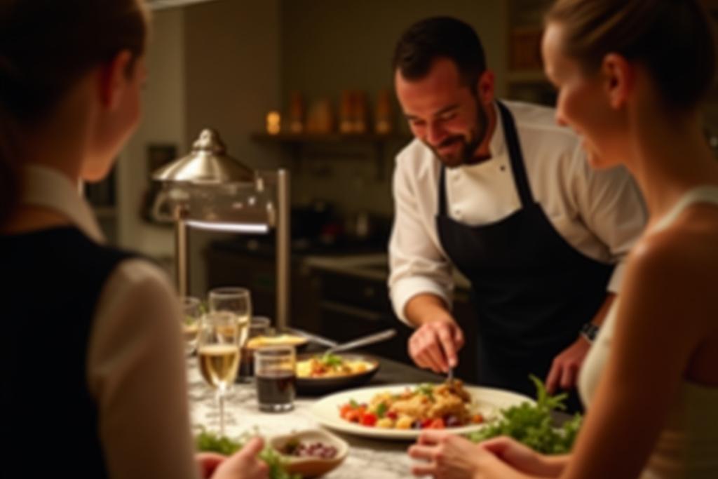 Chef preparing food at a stylish live cooking station during a wedding reception